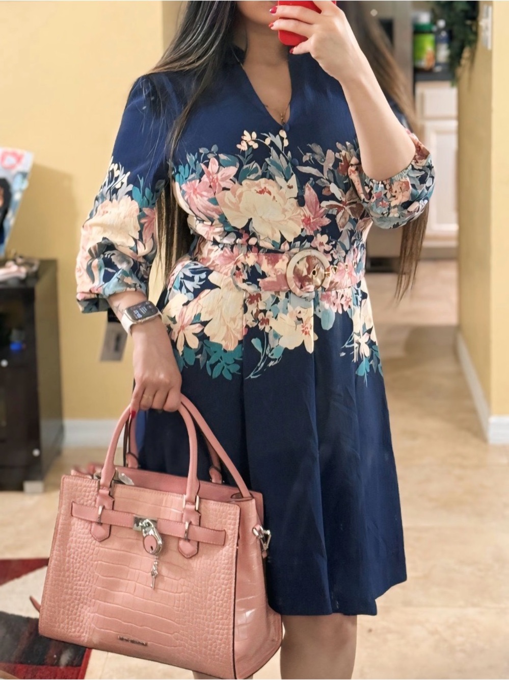 Tahari ASL Navy Floral Belted Mini Dress with Pink Accents